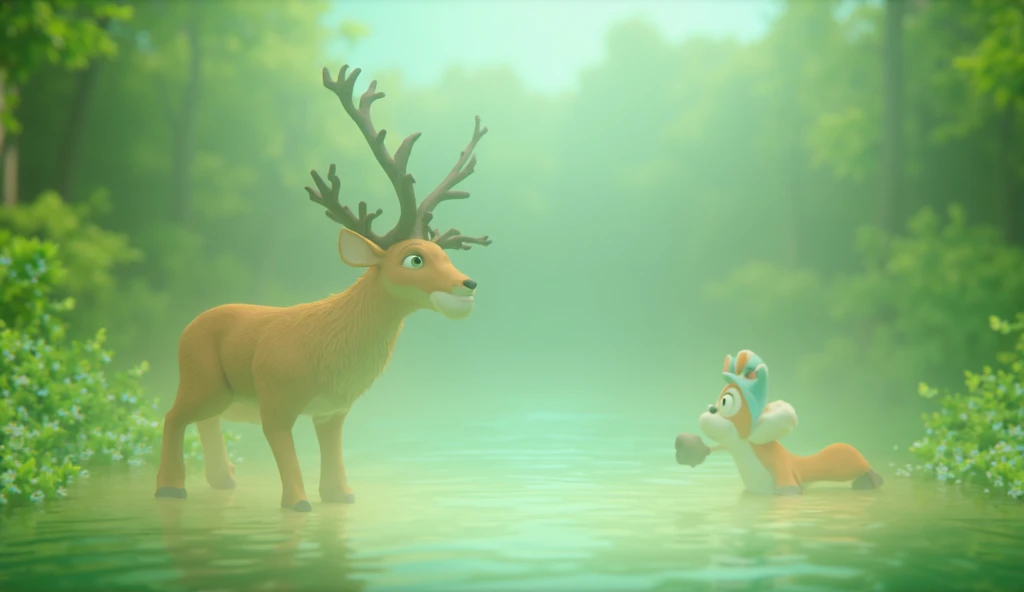 12. Deer arrives at the lake: The deer finally reaches the lake, looking exhausted but proud, while the fox is shocked and surprised to see him. 3D cartoon style