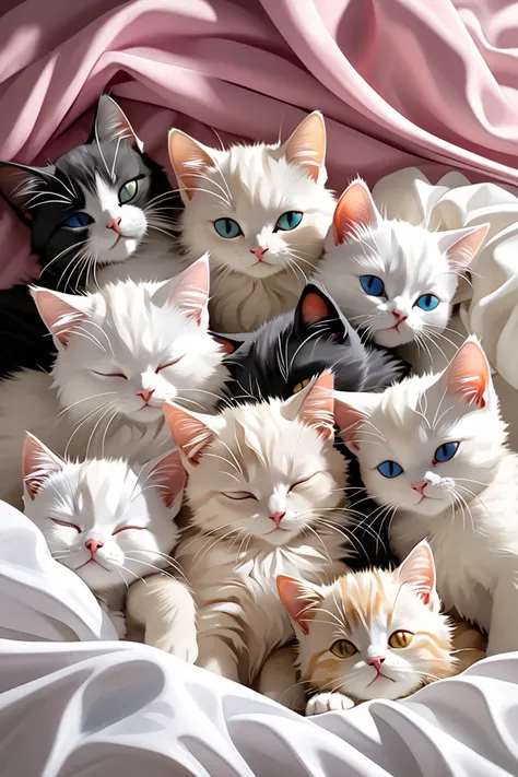 Five cats, one adult white cat and four kittens of various colors, sleeping curling on the bed. Messy bed sheet