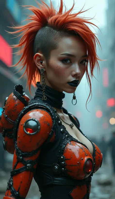 asian female with ginger red spike hairstyle, black lips, smirk, alien skin with veins, encased in shell-like armor resembling a crabs shell, half cyborg, metallic crab claws, multiple ear piercing, septum pierce, science fiction, 8k, dark background, cybe...