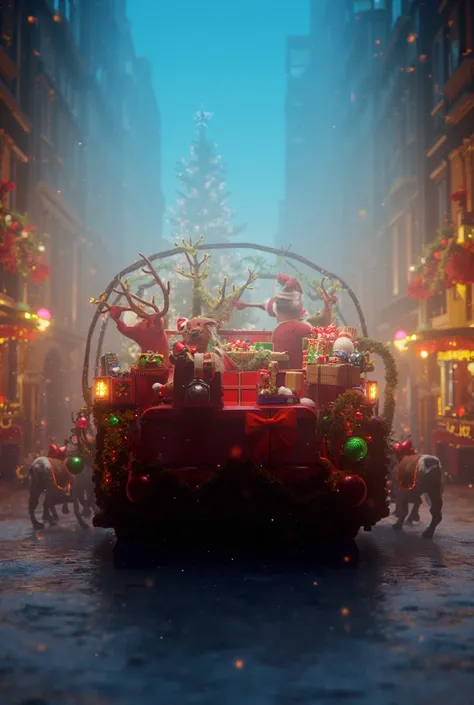 Its christmas, city is all decorated with chritmass decorations. Christmass sleight is full of boxes presents for rens. Sleigh is towed by tractor and tractor drives a reindeer. Santa is on sleigh 