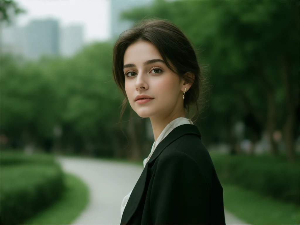 girl,solo, perfect face,wearing a hot, possessing natural elegance, walking along a city park