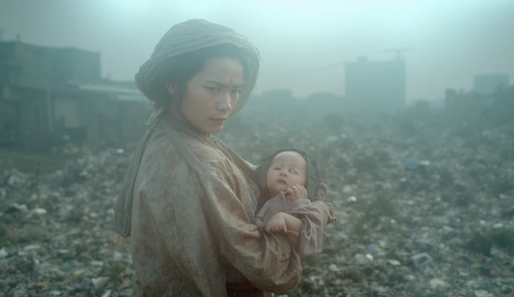 A highly realistic digital artwork of a Vietnamese maid holding a 1-month-old baby girl in her arms, standing near a pile of trash at the edge of a modern Vietnamese city. The maids expression shows resilience and compassion, dressed in simple and modest c...