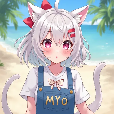 Pink eyes。Girl with white cat ears。Idol。Light grey medium curly hair。 hair accessories with a red ribbon on the head 。 the costume is a blue overalls on a t-shirt with a white ribbon。On the chest「MYO｣The golden embroidery 。The earrings are in the shape of ...