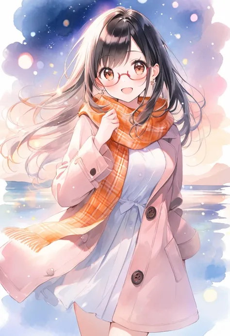 (ultra detailed:0.7), cover image, (soft pastel tones, watercolor, (bright color:1.3), transparent, gradation, harmonious and calm atmosphere:1.1), 1girl, , brown eyes are shining and cute, black hair, long hair, extremely detailed neat hair,Straight hair,...