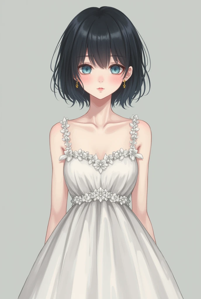 1girl, solo, femboy, femboy wear wedding dress, short hair, black hair, pale skin, earings, gold earings, blue eyes, pink eyeshadow, pink lips, pink blush, flat chest, 