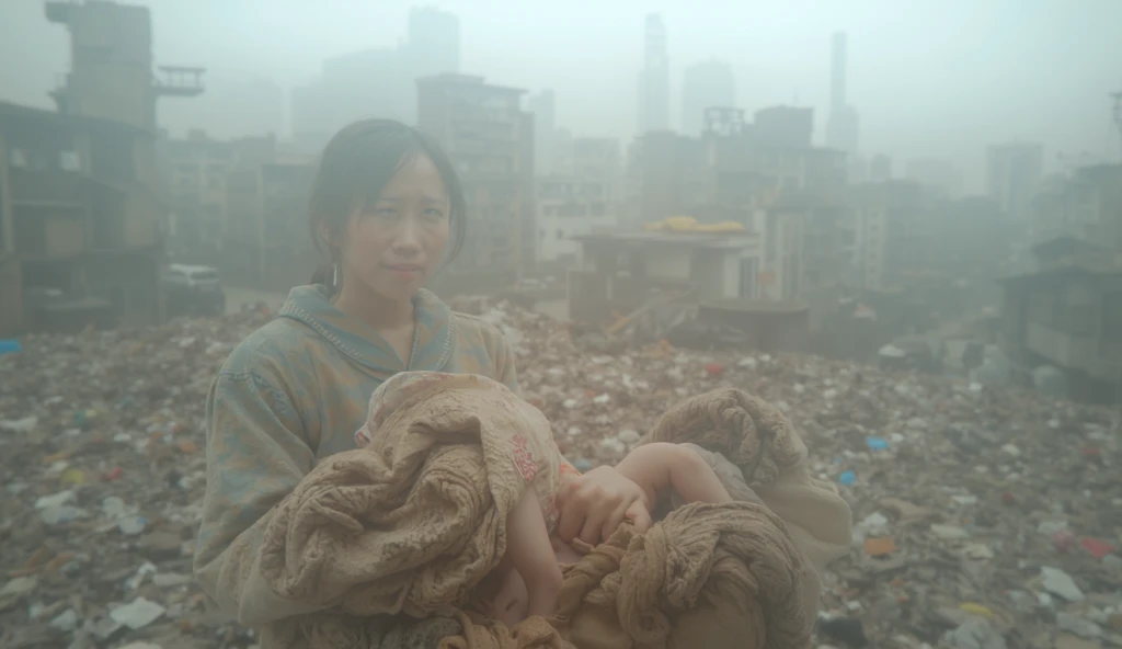 A highly realistic digital artwork of a Vietnamese maid holding a 1-month-old baby girl in her arms, standing near a pile of trash at the edge of a modern Vietnamese city. The maids expression shows resilience and compassion, dressed in simple and modest c...