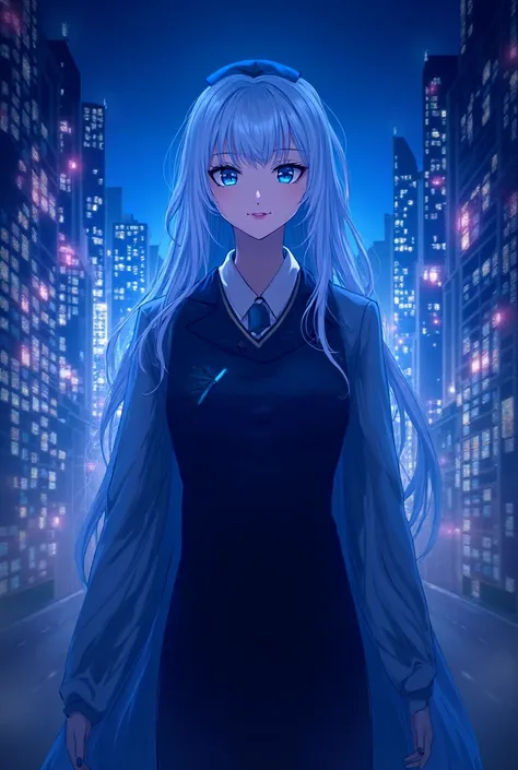 A  korean female student council manga has super long white hair,blue eyes and black Headband.Shes wearing a Japanese student council uniform.Shes in the night city.