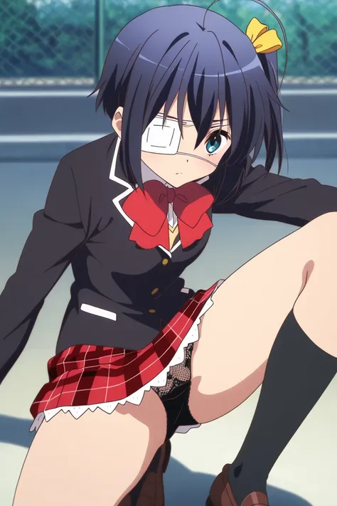 8k, high image quality, high res,HDR:2,anime,rikka takanashi, black hair,Eye patch for right eye, black school uniform, red plaid mini skirt, side ponytail, black panties,white lace pattern panties, Black Knee Socks, squats, open legs,Stand on one leg, tro...