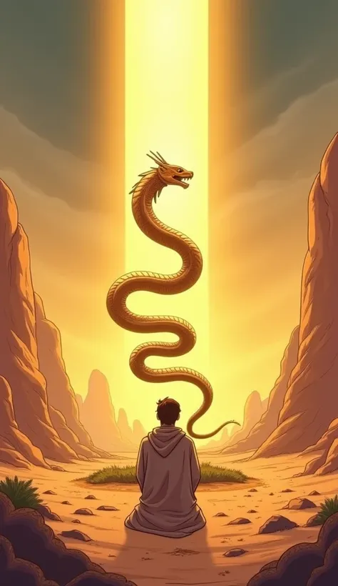  A symbolic representation of a person kneeling in the desert,  looking at the raised bronze serpent .  A ray of light directly illuminates the kneeling figure .
details:
The environment reinforces the idea of faith ,  with warm colors and golden tones sur...