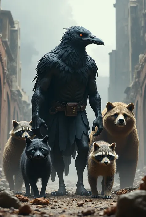 A humanoid crow at war, talking to his friends, a black cat, a raccoon, a bear, and a shark, preparing for battle.