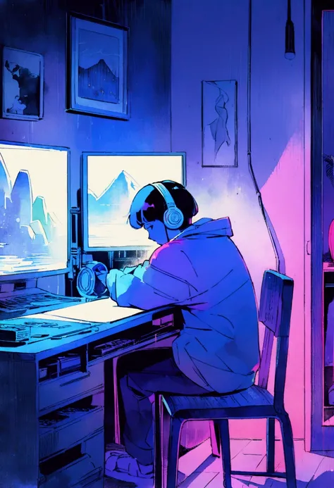 (zero), boy studying in his room,  wearing headphones , ,  Night Lighting , Neon scenery on a rainy day, Analog Color Themes ,  lo-fi hip-hop  , retrospective exhibition,  flat , 2.5D ,Draw a line, Ink drawing, Large incline, Watercolor, Goosh Colors,  Stu...