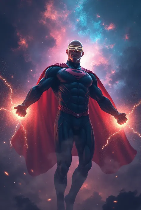 I wanted an image of a bald man wearing superhero glasses flying in the galaxies