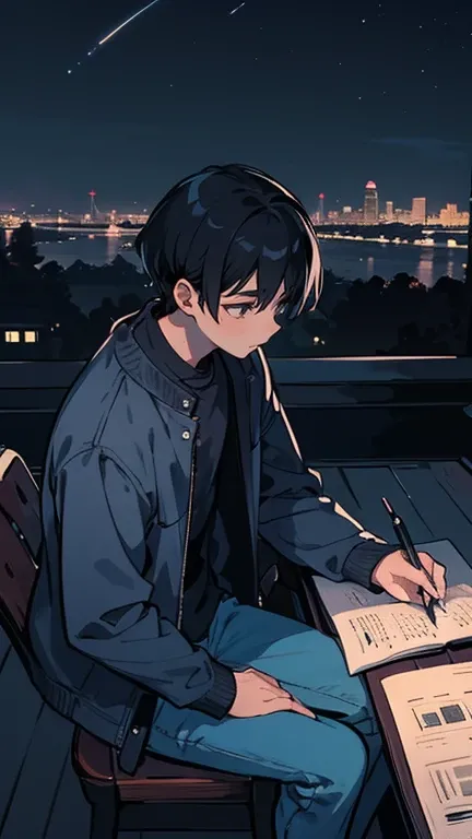 high quality, amount of drawing, pixiv illustration, A scene depicting a handsome young man gazing at the night sky from a city rooftop. He is seated on the edge of the rooftop under the starry sky, dressed casually in a jacket and denim pants. His express...