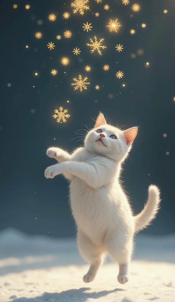 Golden snowflakes are falling, a cat is jumping desperately to catch them, and a cat is confused when they disappear as soon as it reaches its hand. This is a cute, dream-like illustration art, ultra detailed, absolutely resolution, masterpiece