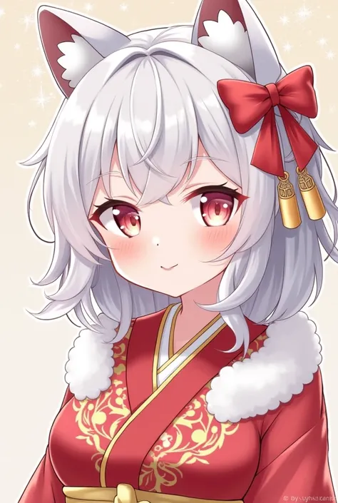 Pink eyes。Girl with white cat ears。Idol。Light grey medium curly hair。 hair accessories with a red ribbon on the head 。The costume is a kimono。On the chest「MYO｣The golden embroidery 。The earrings are in the shape of a ribbon.。Background、Feels like its New Y...