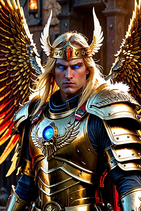 Upper body, cowboy shot, shot with cinematic camera, epic photographic portrait of SANGUINIUS, wearing ornate golden armor with giant feathered angel (wings:1.2), fur trim, matte metal texture on armor, red glow, red pelvic curtain, (broad shoulders:1.3), ...