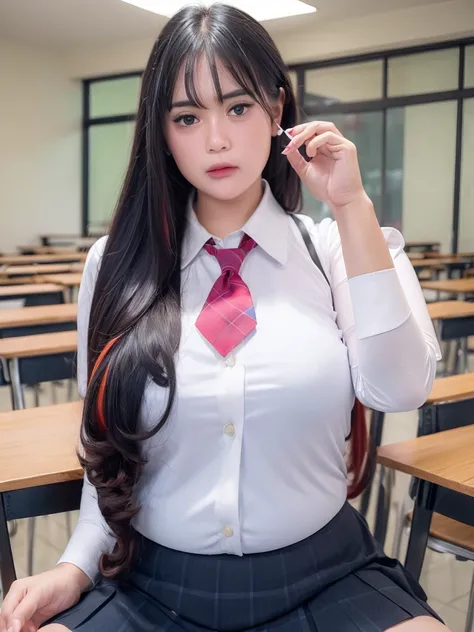 ((((fat)))) a girl in a school uniform brushing her teeth, long hair, blush, bangs, skirt, shirt, black hair, holding, white shirt, red hair, multicolored hair, pleated skirt, necktie, solo focus, collared shirt, indoors, black eyes, two-tone hair, plaid, ...