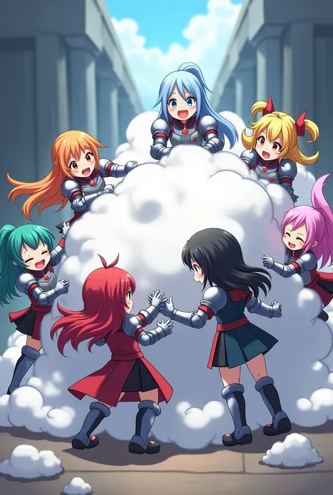 An anime-style art depicting many knight-girls playfully wrestling with each other inside a big dungeon comical fight cloud.
each knight-girl has different colored hair.
their faces,hands,and feet are visible emerging from the cloud as they tussle humorous...