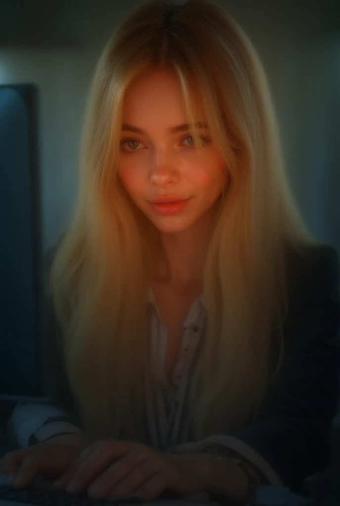 a beautiful girl with long blonde hair, detailed eyes, nose, and lips, wearing  professional outfit, siting in her office, using her computer, hp comuter (best quality,4k,8k,highres,masterpiece:1.2),ultra-detailed,(realistic,photorealistic,photo-realistic:...