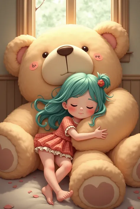 Litle Smiling beautiful  girl with medium leght layered turqoise very long hair, lying with a giant stuffed bear, Dk written on the bear