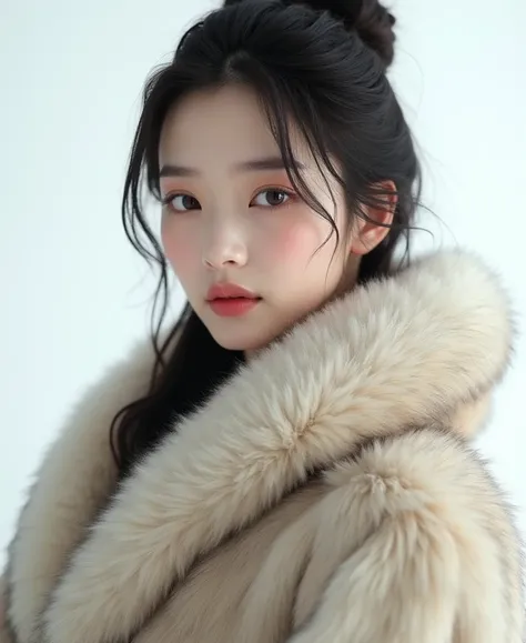 beautiful asian lady, Thick jacket in real animal fur like the jackets of kings on white background, aucune personne sur limage