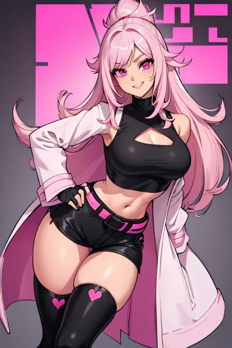 female, long silver hair with pink highlights, pink eyes, (((1girl))), (((white crop top with black trim))), (pink cropped coat), (black short shorts), (pink belt), (black stockings), (black fingerless gloves), (pink ankle boots), cute and sexy, full body,...