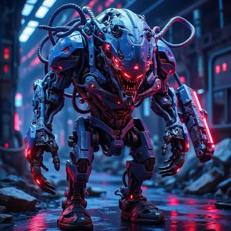 In the neon-drenched future on the barren world of Aetheris-9, a biomechanical entity known as the Bionikal emerges from the ruins of an ancient, forgotten civilization. This creature is made of countless modular bio-plastic blocks, like intricate Lego Bio...