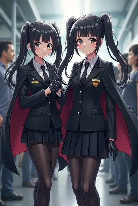 Two Japanese people、 black hair、women、 twin tails、smile、 big eyes、shiny black cloak、shiny black leather suit、 white shirt、 ties、 black skirt 、 black tights 、 shiny black high cut sneakers、Shiny black gloves、 factory 、Electronic bulletin board、 gentle smile...