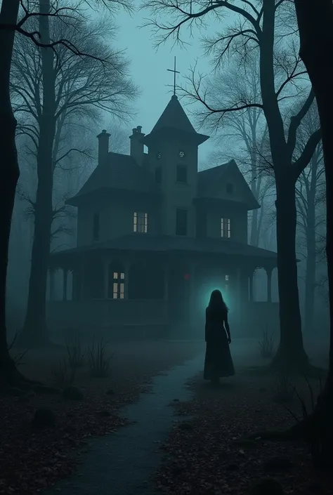 A haunted house in the forest **:
   - " in the forest at night 、 in the forest at night 。 pale light leaks out of the mansion window 、 an old mansion stands quietly {x} There is a ghost of a woman with long hair standing by the window。"
