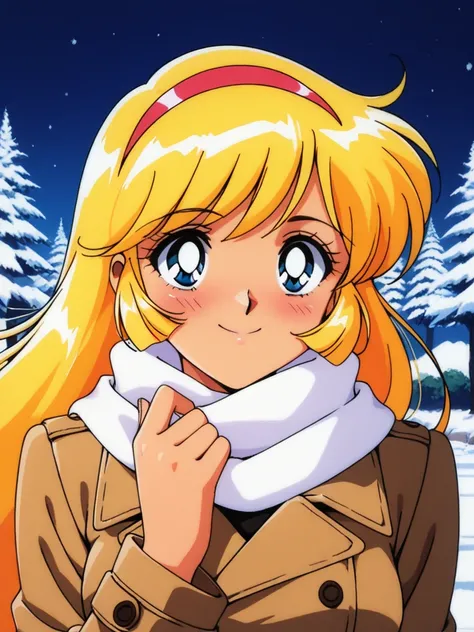 masterpiece, best quality, KisaragiHoney, 1girl, solo, blonde hair, long hair, blue eyes, medium breasts, hairband, retro artstyle, anime coloring, smile, happy, blush, Trench Coat and Scarf, Cute and warm clothes, cold winter night, cinematic angle,