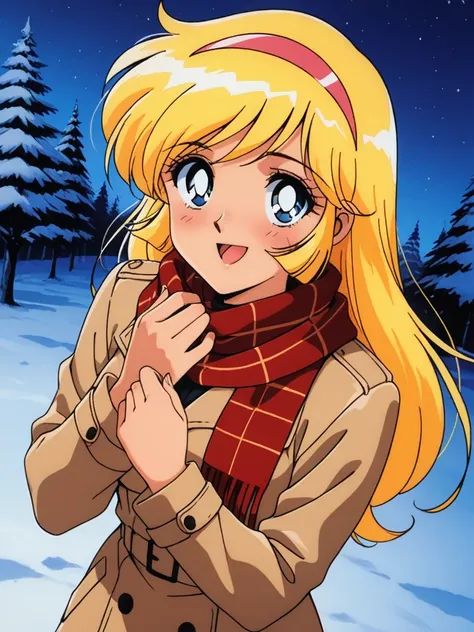 masterpiece, best quality, KisaragiHoney, 1girl, solo, blonde hair, long hair, blue eyes, medium breasts, hairband, retro artstyle, anime coloring, smile, happy, blush, Trench Coat and Scarf, Cute and warm clothes, cold winter night, cinematic angle,