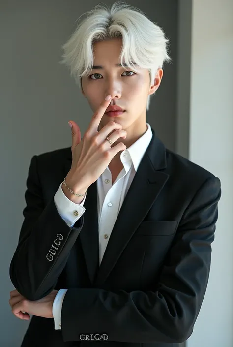 ( masterpieces ),  best quality,  Eyes Expressed Emotions ,  perfect face , ((1boy ไอดอลเกาหลี)), Elegant, White hair, suit, casual wear,  Techware , Sharp jaw ,  handsome,  Smooth Face , Male hands,  Best Hands , Pale skin, modern, high, slender,  Neutral...