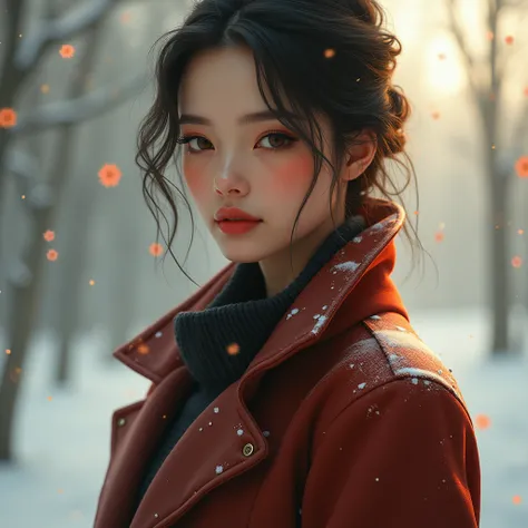 a beautiful white americann woman in an autumn winter coat, in the style of tanya shatseva, colorist, magewave, body extensions, glowwave, soft mist, handsome