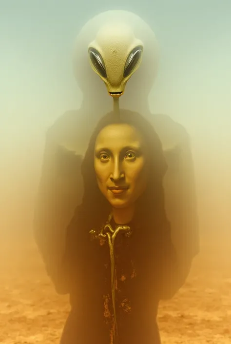 A alien in area 51 holding mona lisa painting