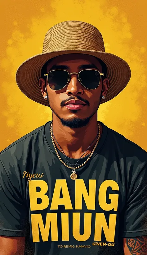 Create the cover of the rap album entitled BANG MIUN by the Indonesian rapper, a handsome Indonesian man with a snack hat, mettre le titre de lalbum en évidence, le rappeur devra devra avoir des lunettes de soleil dan le poing face caméra, en photo réalist...