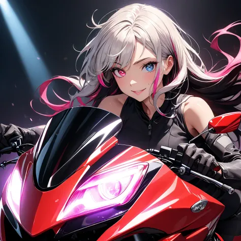 Beautiful attention to detail, Beautiful lip detail, 1 female, Woman ridying on red motorcycle,(motorcycle is Diavel)Sparkle in the eyes, Perfect hands(Five fingers), perfect body, Beautiful Hair, Shiny Hair, Beautiful Skin, Detailed face and eyes, Glossy ...