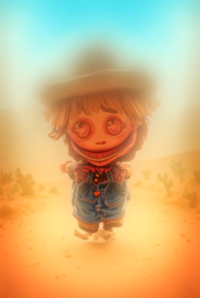  make a chibi cowboy who is chasing something with worried expression,cartoon concept  