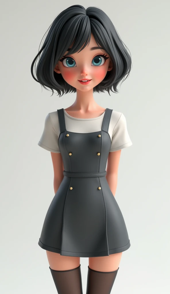 Create a cute and realistic 3D rendering of a young woman standing solo, exuding a charming and confident aura. She has striking blue eyes and short black hair, styled with soft bangs that frame her face. Her expression is engaging, with her lips slightly ...