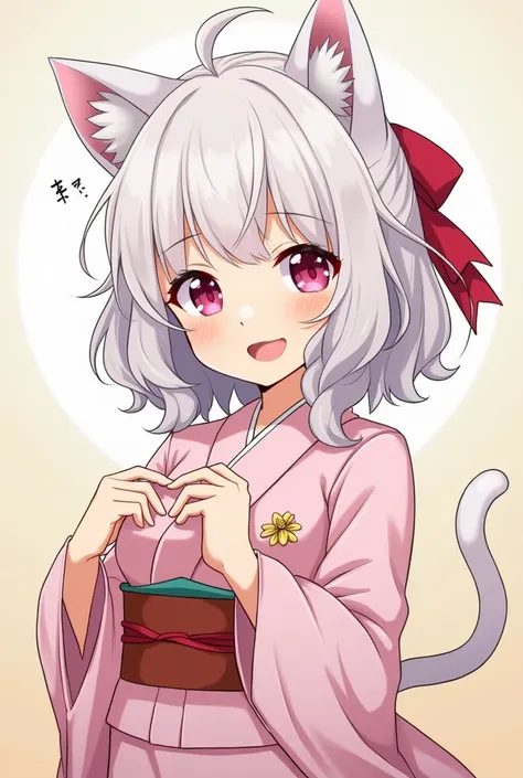 Pink eyes。Girl with white cat ears。Idol。Light grey medium curly hair。 hair accessories with a red ribbon on the head 。The costume is a kimono、On the chest「MYO｣The golden embroidered earrings are ribbon-shaped。Background、First sunrise of the year。