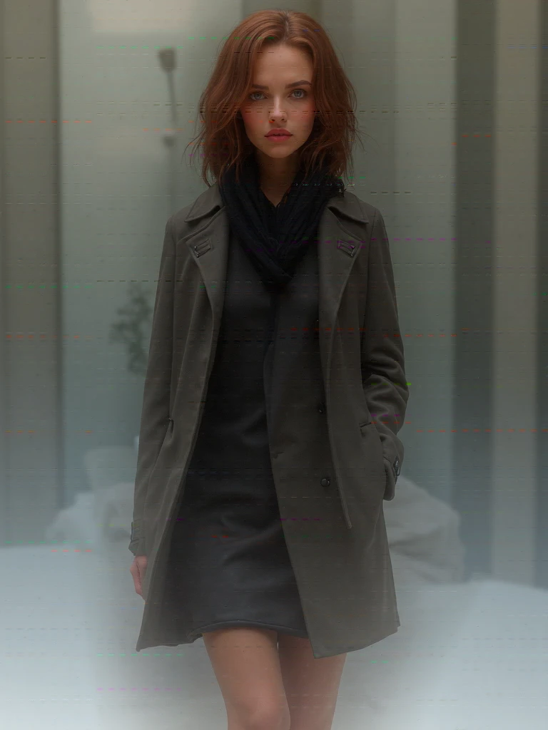  womens gabardine coat with office dress,  short skirt , abrigo gabardina, black scarf.