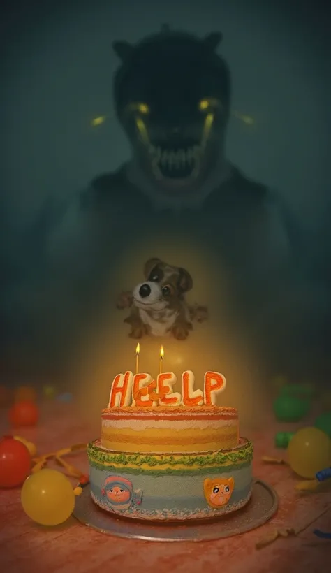 A colorful and slightly unsettling scene featuring a small dachshund with a worried expression sitting next to a vibrant, rainbow-colored layered birthday cake. The cake has candles spelling out the word HELLP instead of HELP, with each candle lit. Surroun...