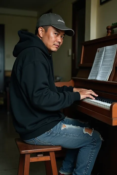 Indonesian man wearing dhegol baseball cap wearing black hoodie wearing ripped jeans wearing boots playing piano pressed home simple face looking at camera