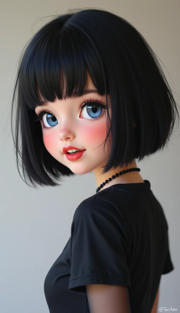 Create a cute and realistic image of a young woman with striking blue eyes and short black hair, styled with bangs that gently frame her face. She stands solo, with her arms positioned behind her back, exuding a sense of playful confidence. Her lips are sl...