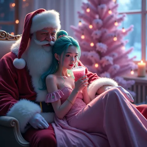 A stunning XianXia maiden with teal and pink hair sits close beside Santa Claus on a comfortable sofa, sipping a plastic cup of pink bubble tea with shimmering iridescent pearls. Santa, with his warm presence, enjoys a cup of hot milk. The soft glow of a l...