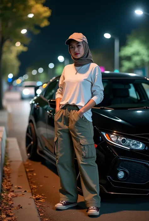  Masterpiece original photo of beautiful Indonesian woman in busty hijab , wears baseball cap , wearing white tshirt ,   and short cargo pants , standing near car HONDA CIVIC FD 2018 black edition,flat, CHROME WHEEL ,WIDE BODY KIT , REAR RACING SPOILER  ,a...