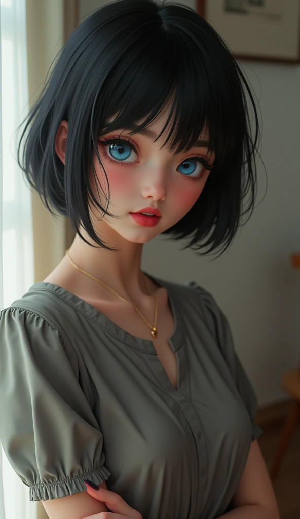 Create a cute and realistic image of a young woman with striking blue eyes and short black hair, styled with bangs that gently frame her face. She stands solo, with her arms positioned behind her back, exuding a sense of playful confidence. Her lips are sl...