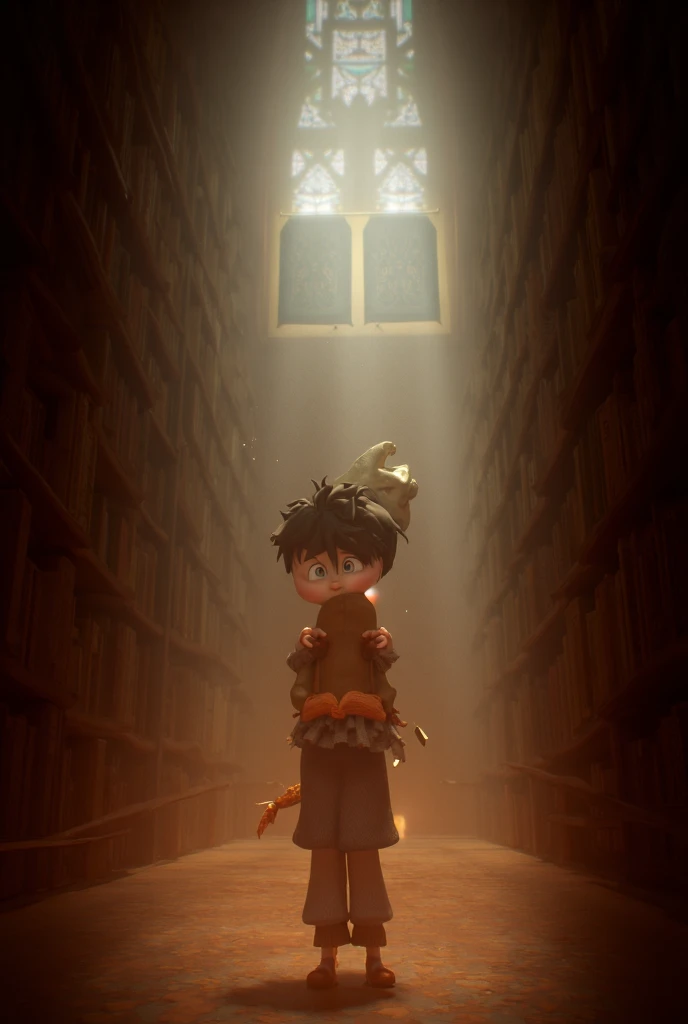 A courageous girl reading books in an old library in 3d
