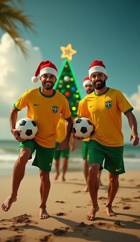 men playing soccer on the beach. holding soccer ball. posing and looking at the camera with team. green and yellow brazil christmas concept decorations. christmas tree and neon lights. detailed textures. They wear Santa hats and have fun. dynamic compositi...