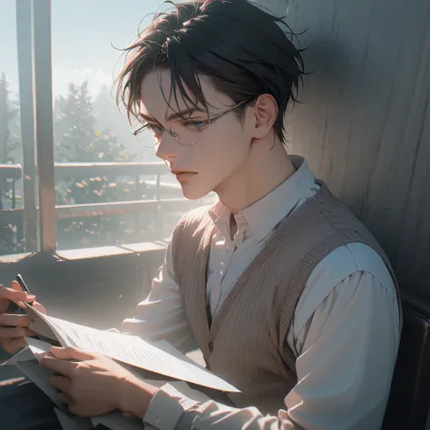 (8k, RAW photos, best quality, masterpiece: 1.4), (((boy looking at documents))), Ultra-high resolution, Extremely detailed, light, closeup of arms, handsome boy, black eyes, (delicate eyes, Eyes are bright:1.2), black short hair, thin-framed glasses, soft...