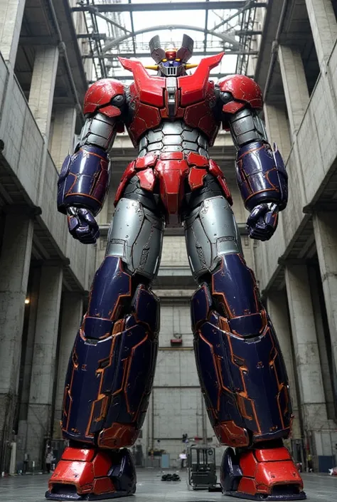 A very realistic version of the giant Mazinger Z armed with weapons、58 meters high 、 with other industrial elements visible 。steel、 a very realistic version of the Mazinger Z composed of modern materials such as carbon fiber 、 stands in a forward leaning p...